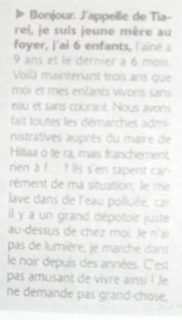 Tiarei, Tahiti - Una señora llama al periodico denunciando que no tiene agua ni electricidad ...