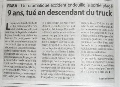 Tahiti - Paea - Un dramático accidente - un niño de 9 años muerto bajando del truck